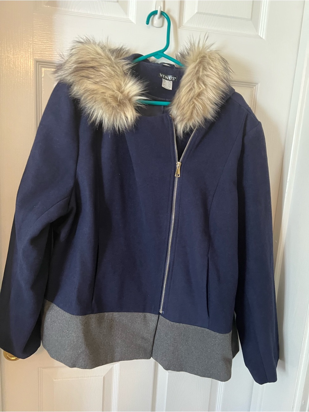 VENUS Navy Jacket with Gray Hem and Faux Fur Hood